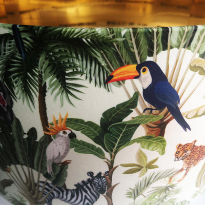close up of the Cream Jungle Wildlife Light Shade with Mirror Gold Lining
