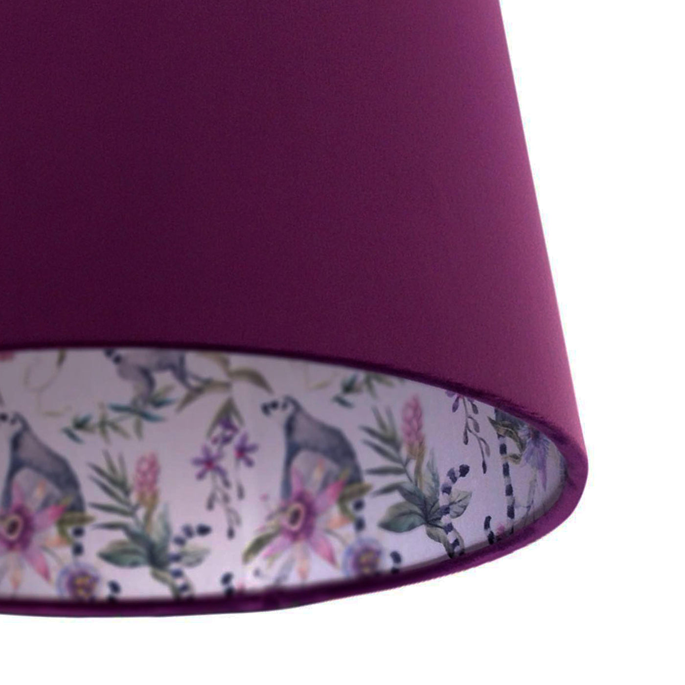 close up of the Pinky Lemur Floral Lampshade in Mulberry Velvet