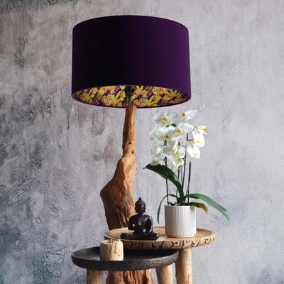 Purple and Gold Tropical Lampshade in Mulberry Purple Velvet on a natural wood lamp base