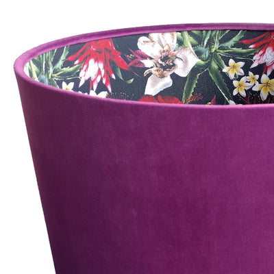 close up of Black Tropics Lampshade in Mulberry Purple Velvet