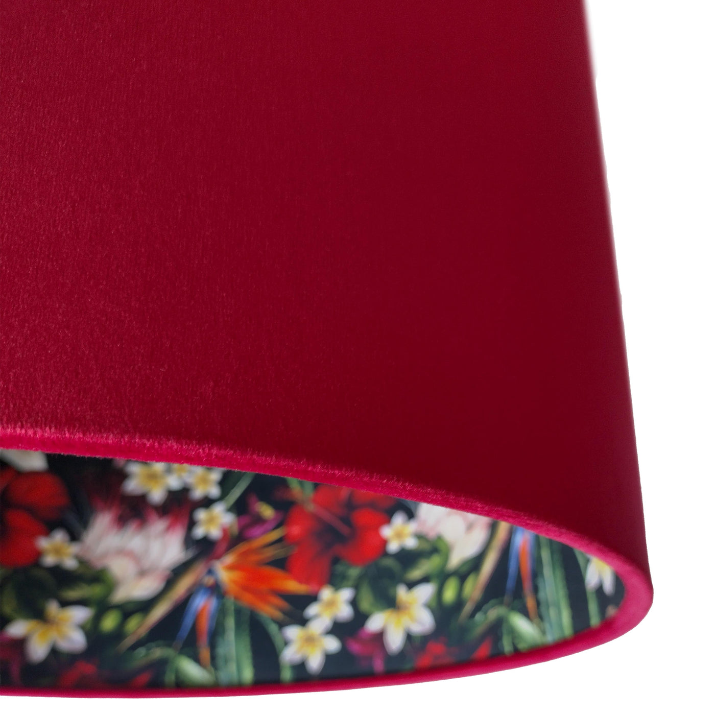 close up of the Black Tropics Lampshade in Red Claret Velvet