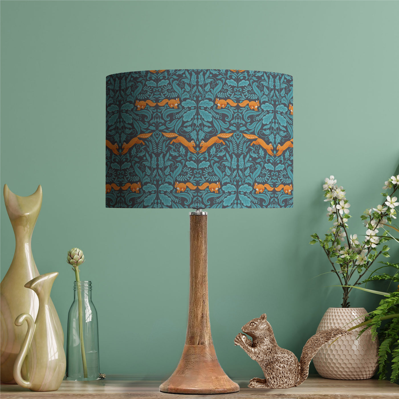 Squirrel Woodland Teal Blue Cotton Lampshade with Mirror Gold