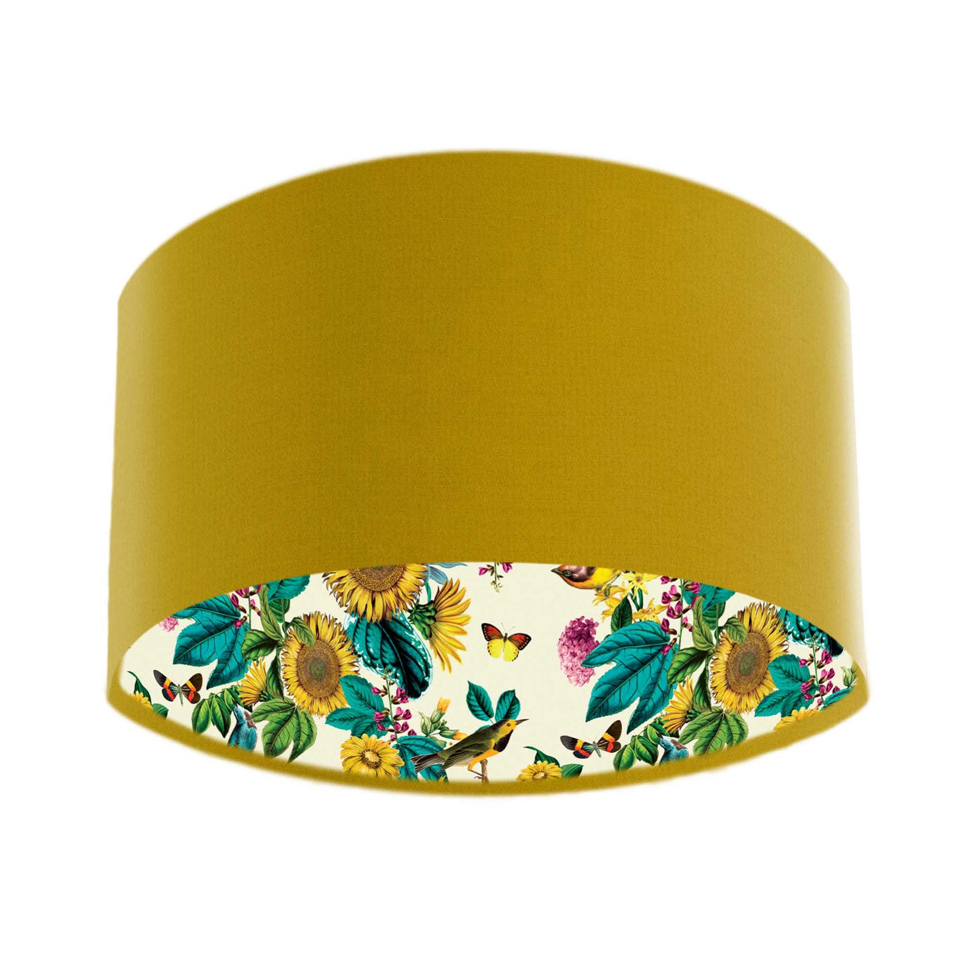 Birds and Sunflowers in Cream Lampshade with Mustard Yellow Velvet