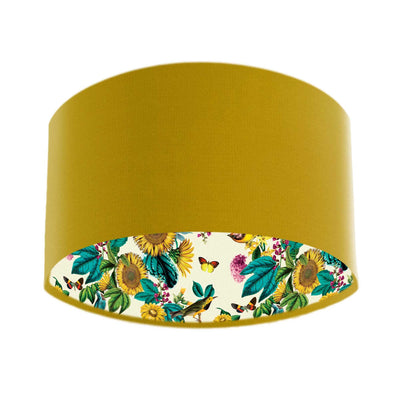 Birds and Sunflowers in Cream Lampshade with Mustard Yellow Velvet