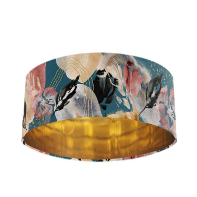 Teal Blue Abstract Velvet Lampshade with Mirror Gold Lining