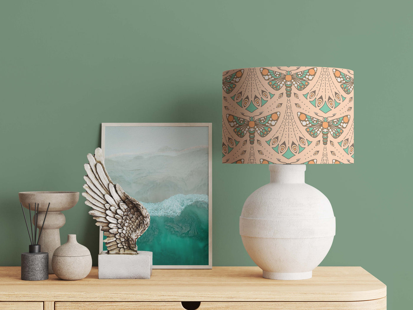 Sand Art Nouveau Moth Lampshade with Mirror Gold Lining on green wall background