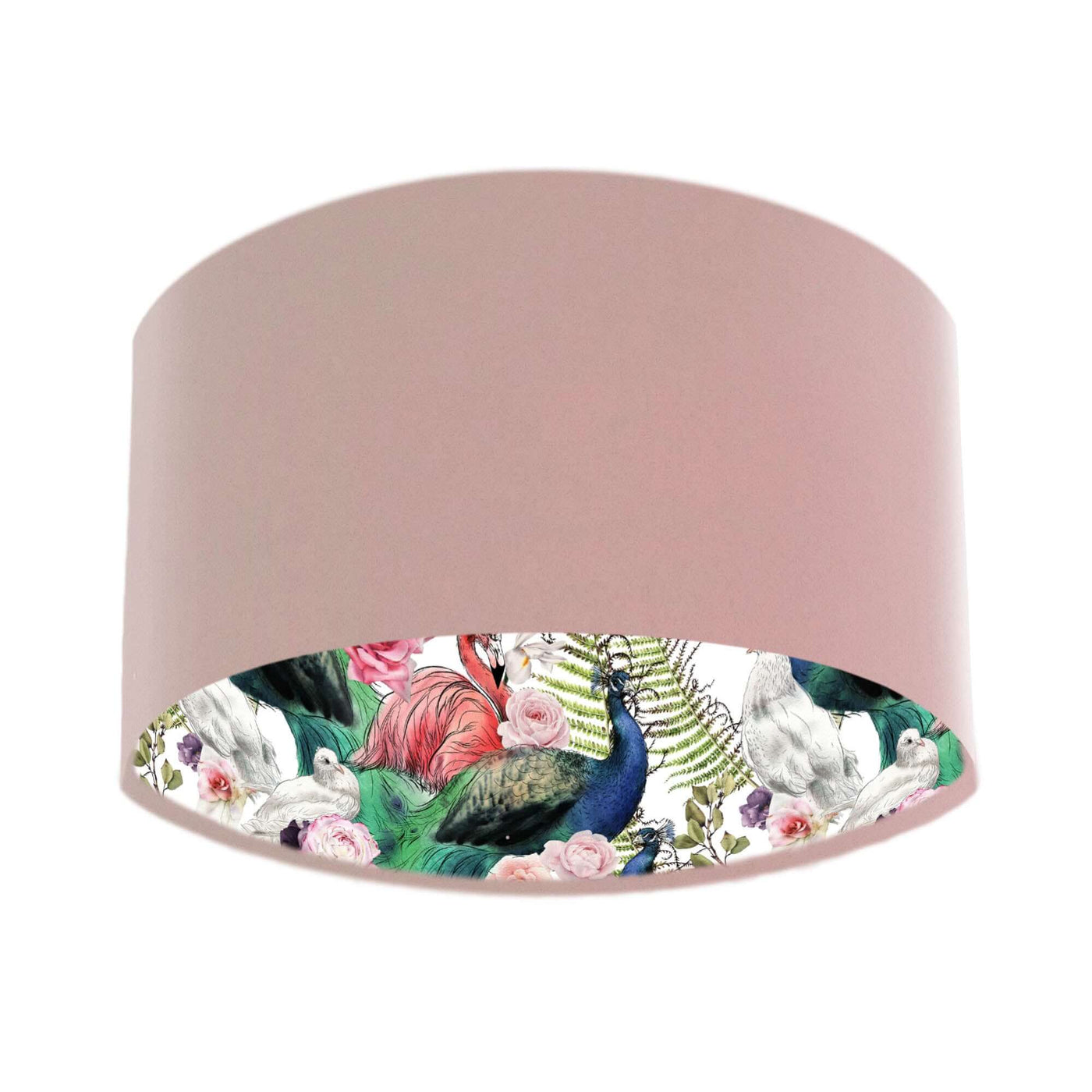 Baby Pink Velvet Lampshade with Peacock and Flamingo Lining