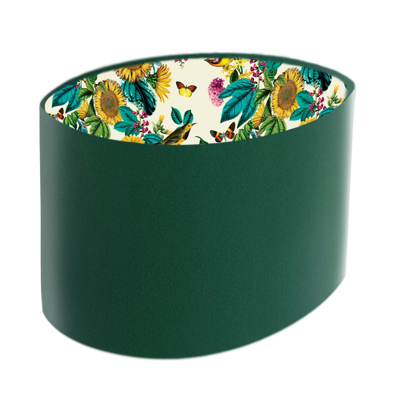 Bottle Green Oval Velvet Lampshade with Birds and Sunflowers in Cream
