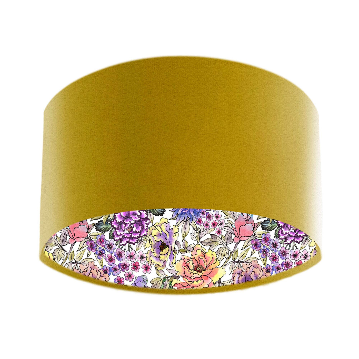 Mustard yellow velvet lampshade with wildflowers lining