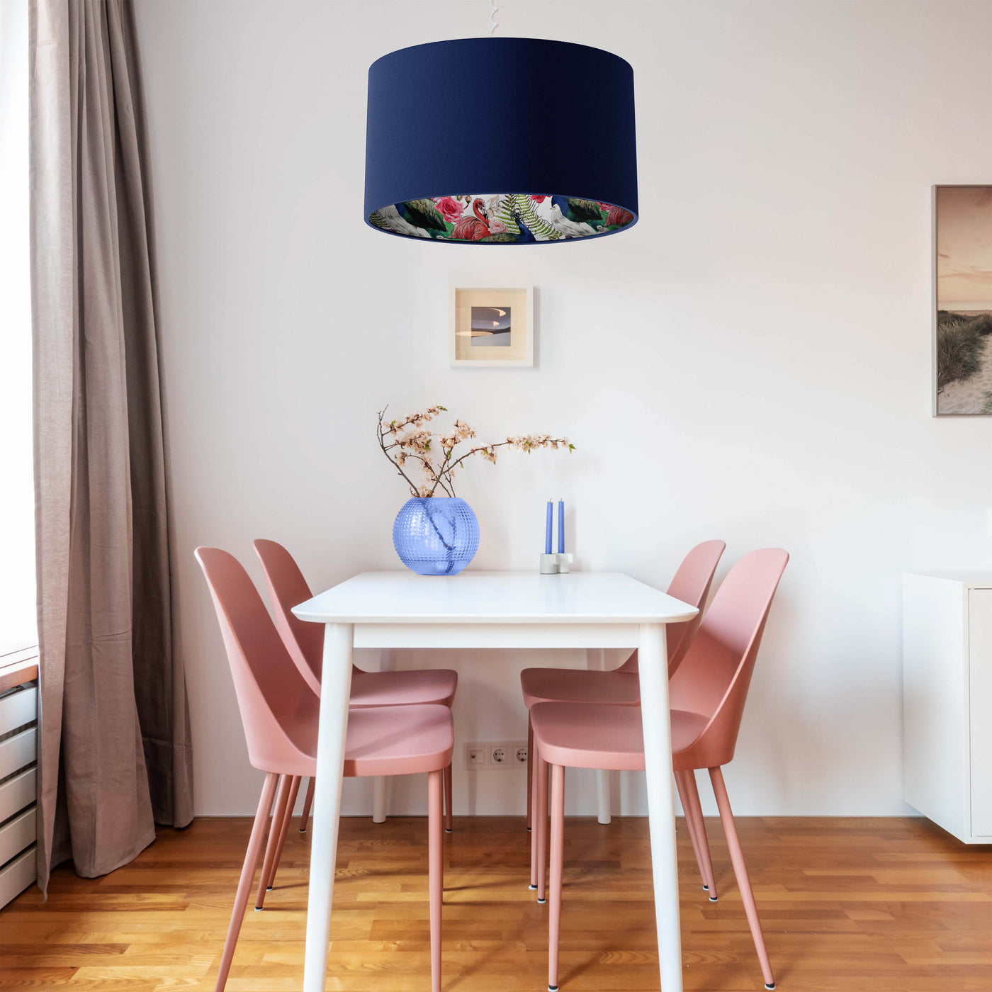 Navy Blue Velvet Lampshade with Peacock and Flamingo Lining