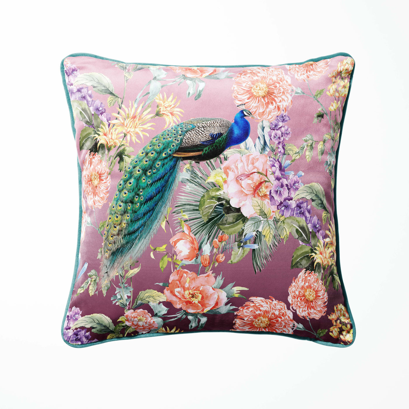 Peacock Paradise In Pink Velvet Cushion