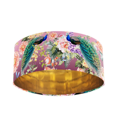 Pink Velvet Lampshade with Paradise Peacock and Mirror Gold Lining