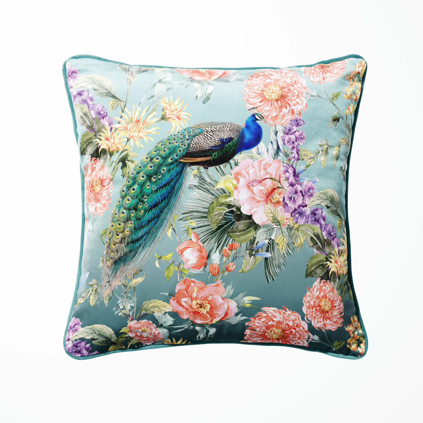 Peacock Paradise In Teal Blue Velvet Cushion