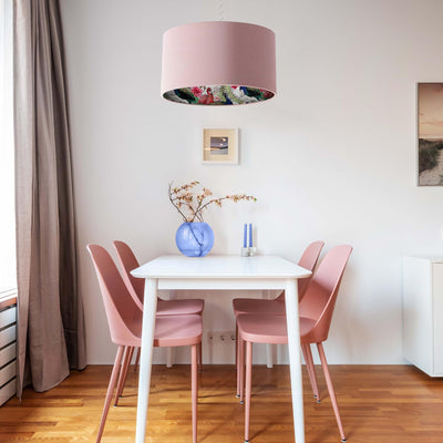 Peacock and Flamingo Feathers Lampshade in Baby Pink Velvet