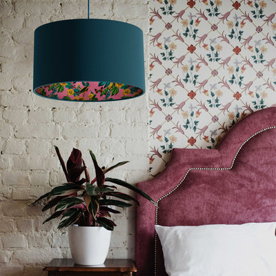 Pink Birds and Sunflowers Lampshade in Teal Blue