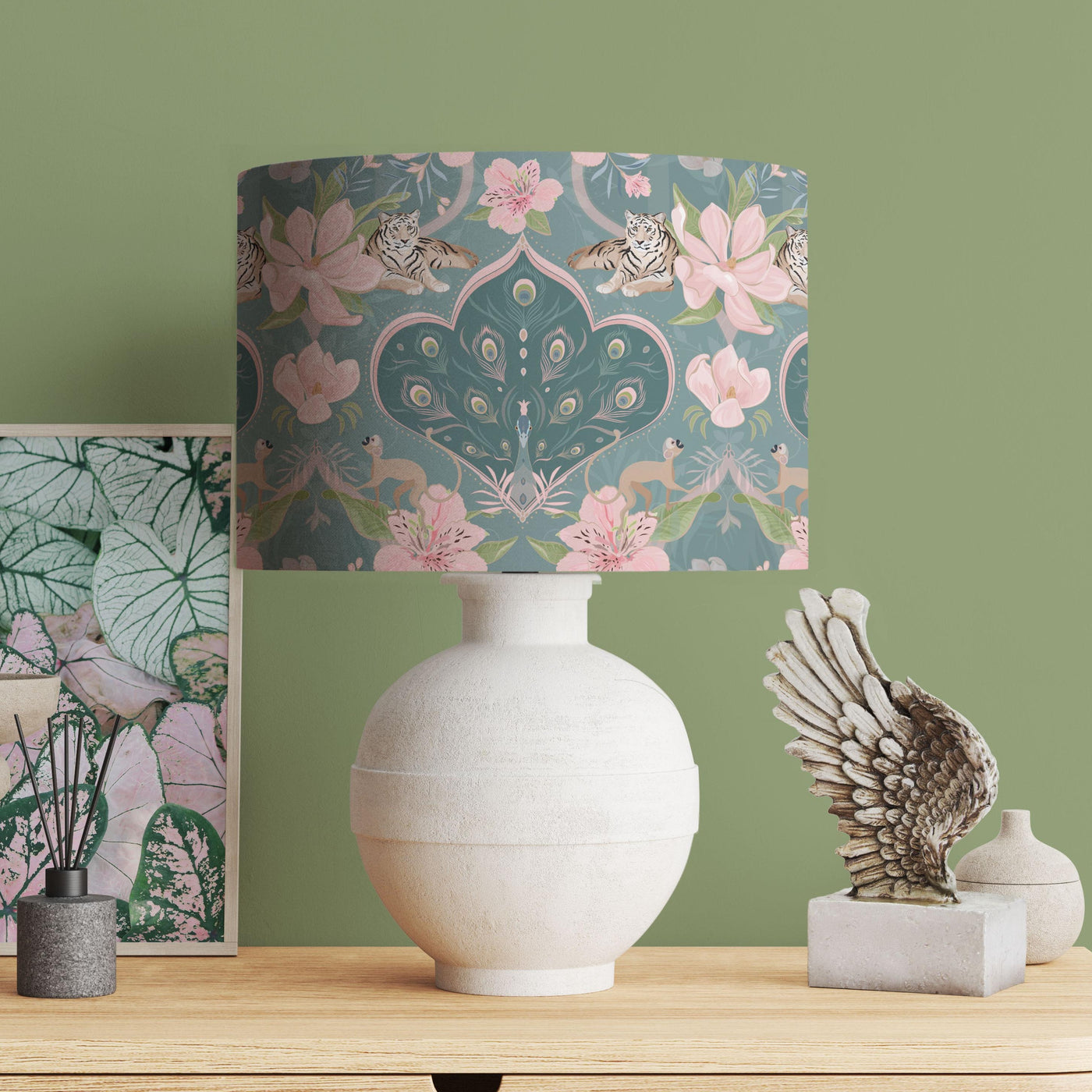 Royal Peacock Cotton Lampshade Lined with Mirror Gold