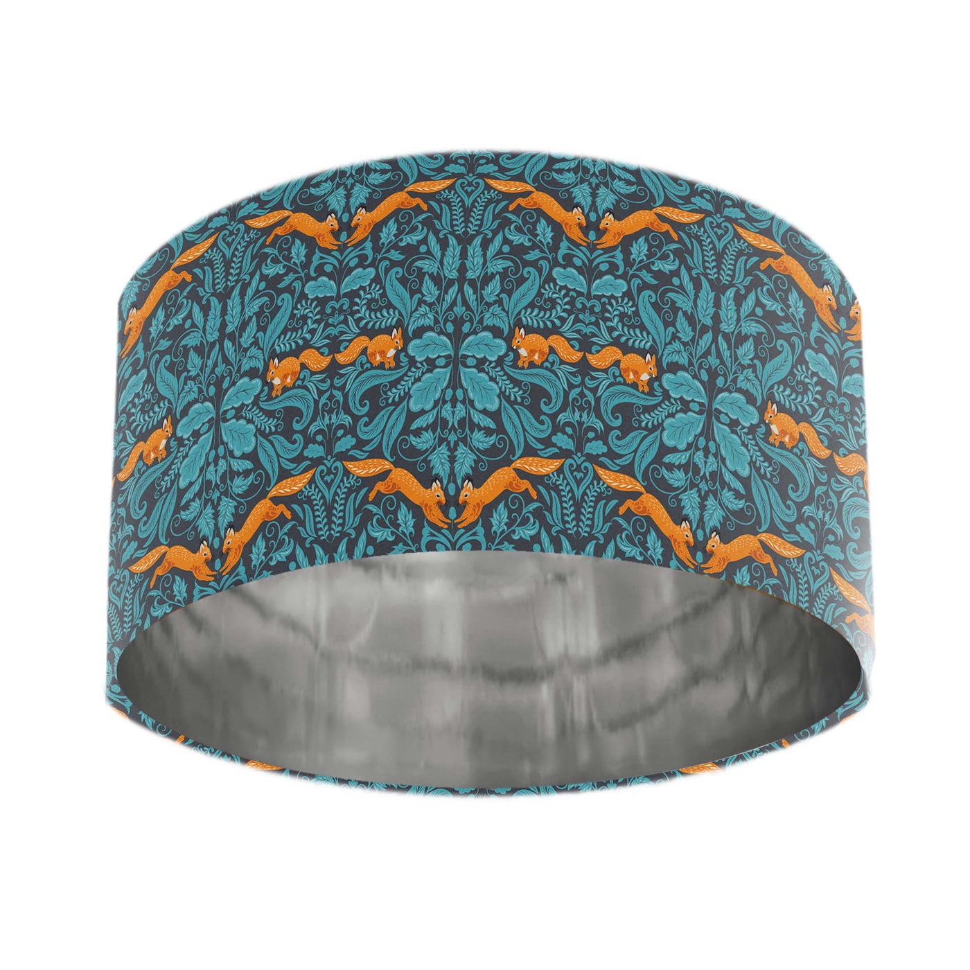 Squirrel Woodland Teal Blue Cotton Lampshade with Mirror Silver