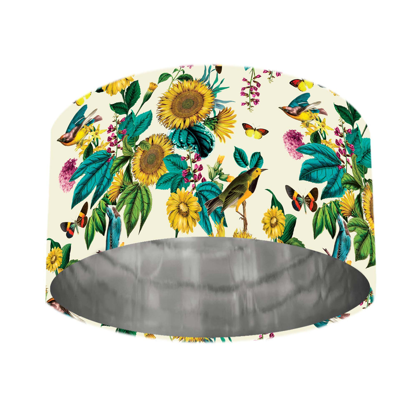 Silver Lined Lampshade with Birds and Sunflowers in Cream