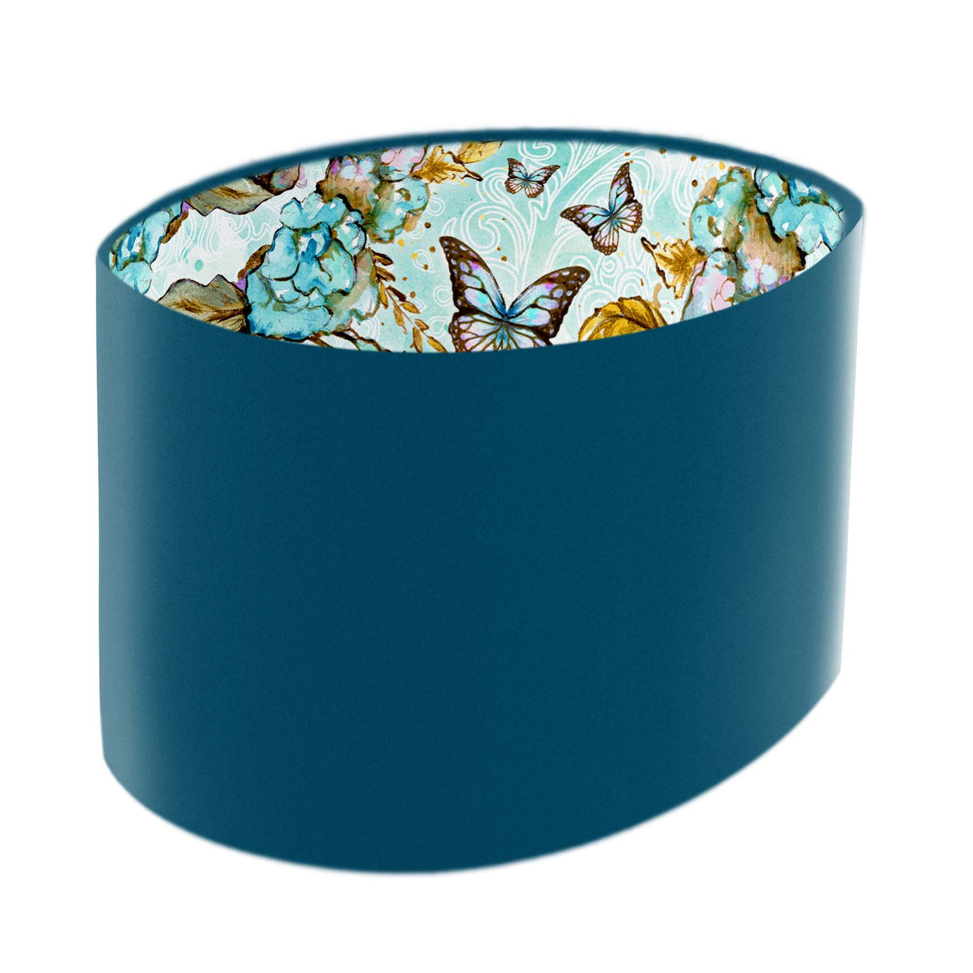 Boho Florals and Butterflies Oval Lampshade in Teal Blue Cotton