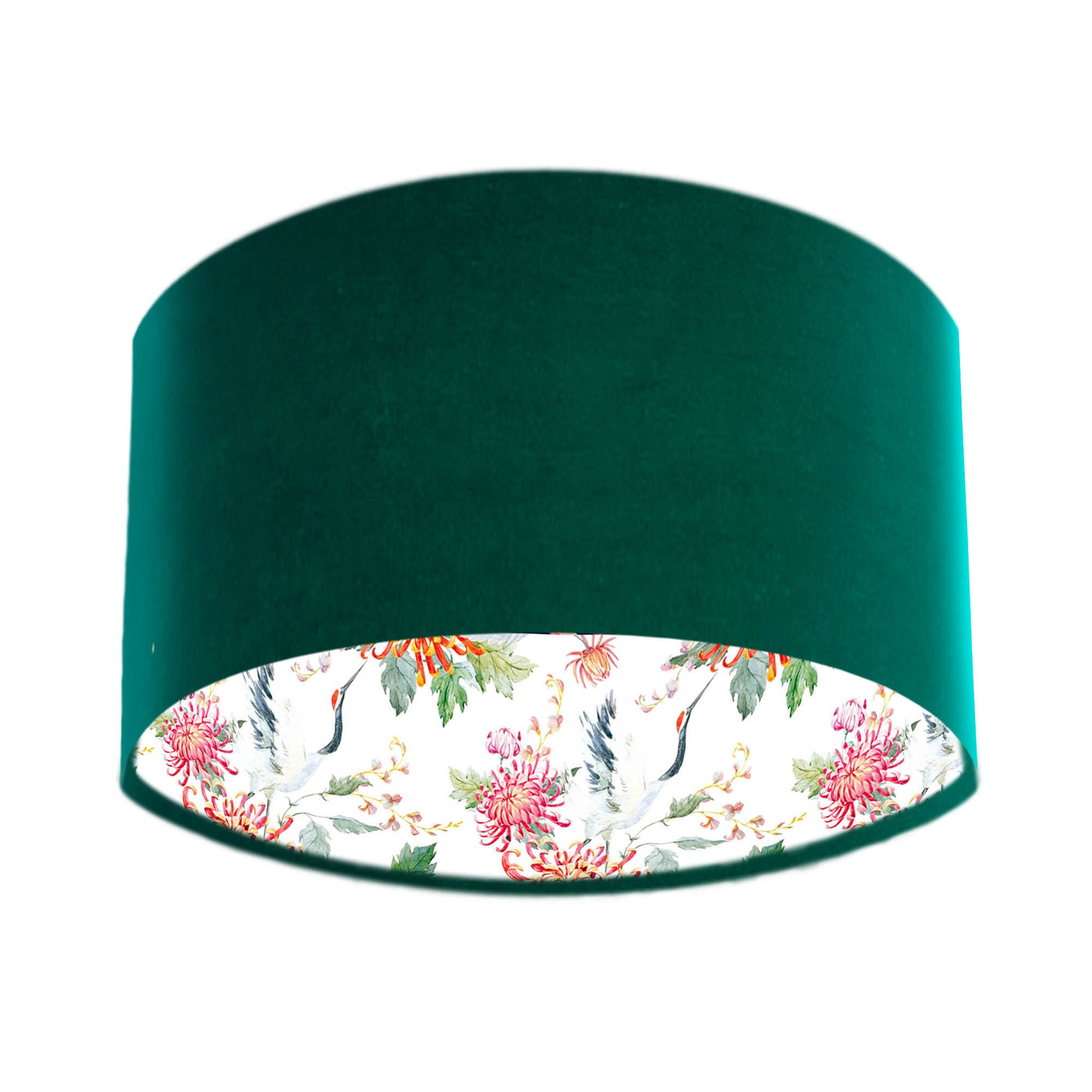 Bottle Green Velvet Lampshade with Crane Birds & Chrysanthemum Lining in White