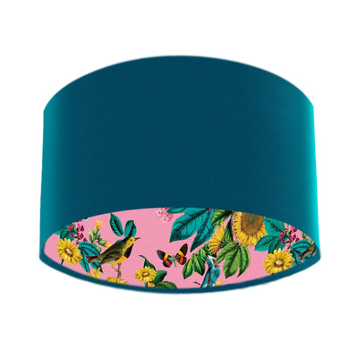 Pink Birds and Sunflowers Lampshade in Teal Blue