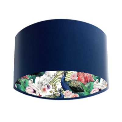 Navy Blue Velvet Lampshade with Peacock and Flamingo Lining