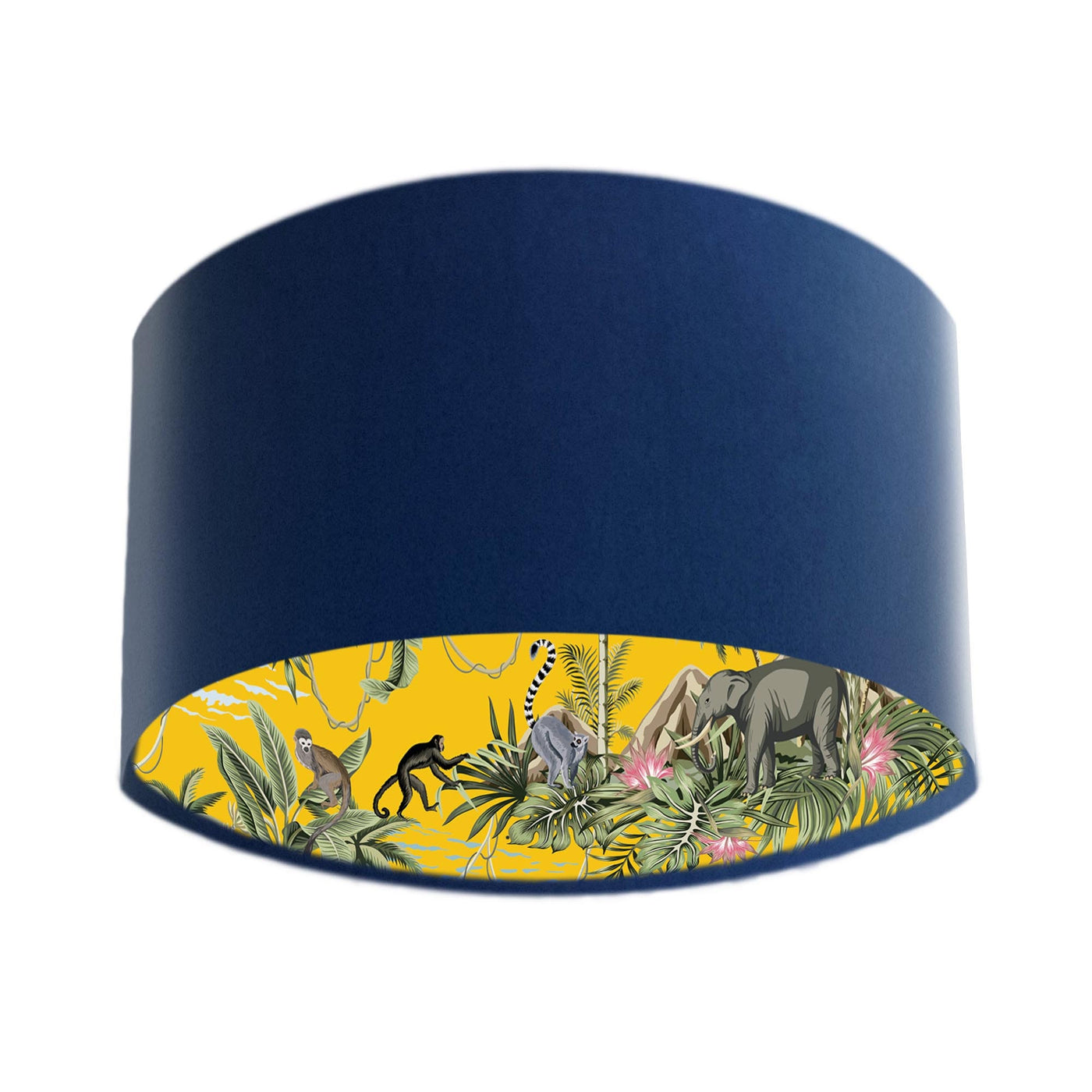 Mustard Yellow Lemur Tropical Island Lampshade in Navy Blue Velvet