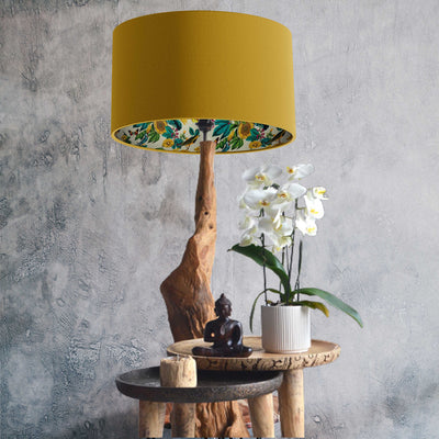 Birds and Sunflowers in Cream Lampshade with Mustard Yellow Velvet