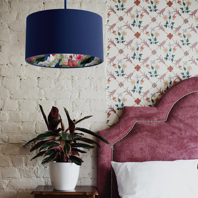 Peacock and Flamingo Feathers Lampshade in Navy Blue Velvet