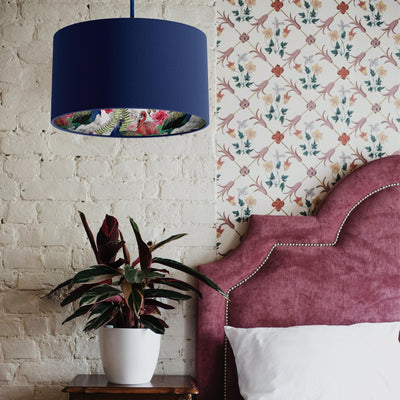 Navy Blue Velvet Lampshade with Peacock and Flamingo Lining