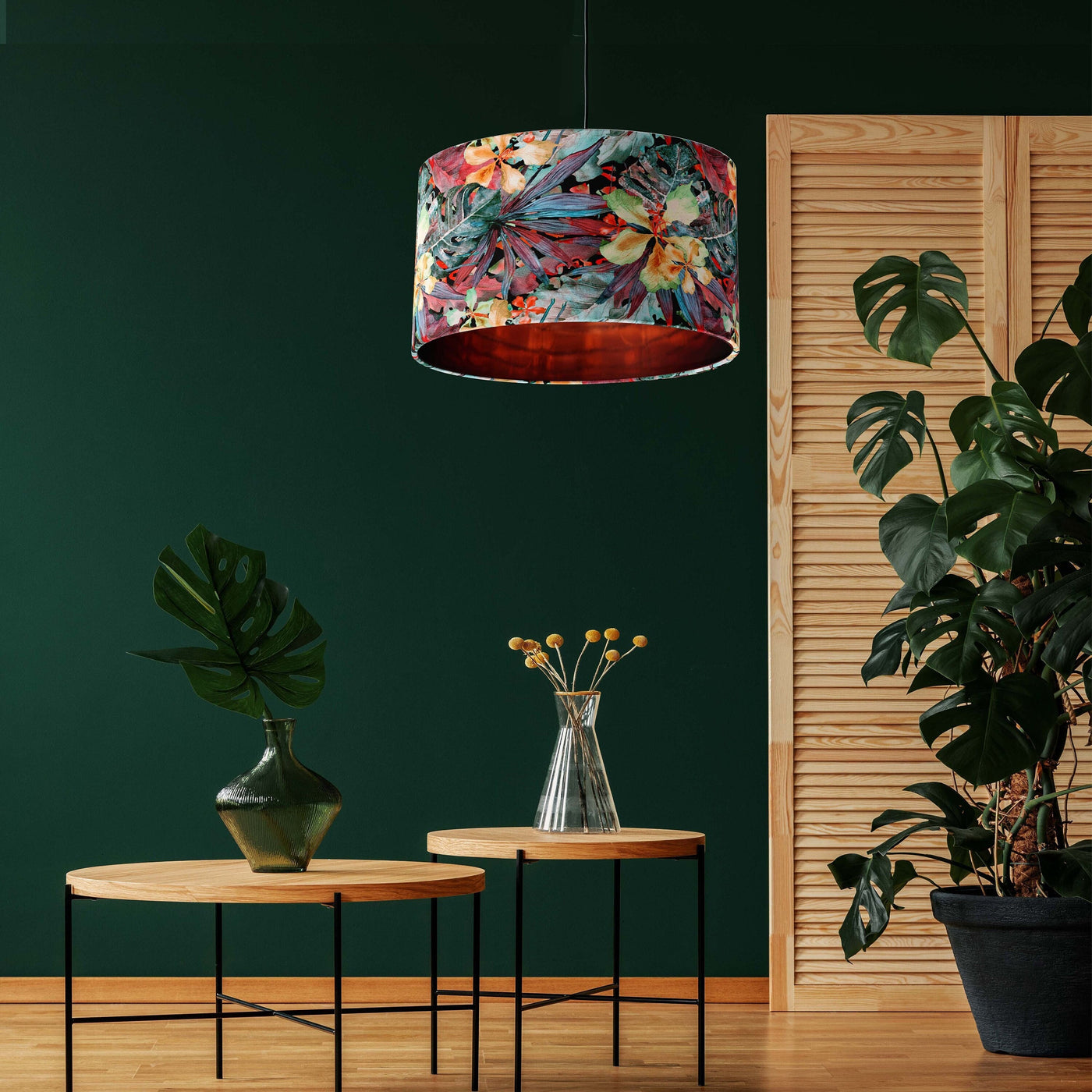 Tropical Leaves Velvet Lampshade with Mirror Copper Lining