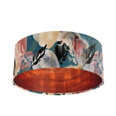 Abstract Velvet Lampshade in Teal Blue with Mirror Copper Lining