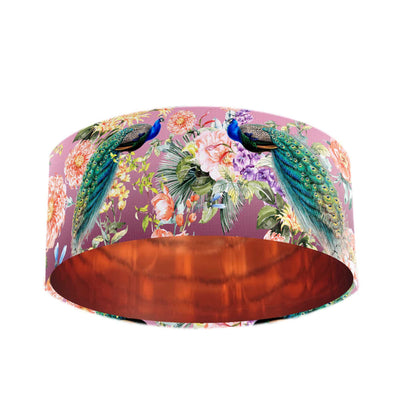 Peacock Paradise Velvet Lampshade in Pink with Mirror Copper Lining