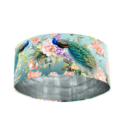 Peacock Paradise Velvet Lampshade in Teal Blue with Mirror Silver Lining