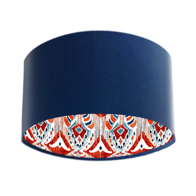 Navy Blue Velvet Lampshade with Red Ikat Fabric Lining