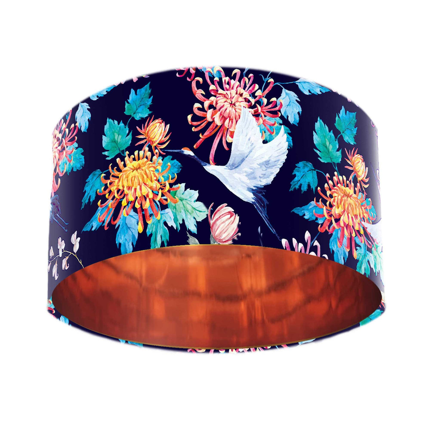 Japanese Cranes Lampshade in Blue with Mirror Copper Lining