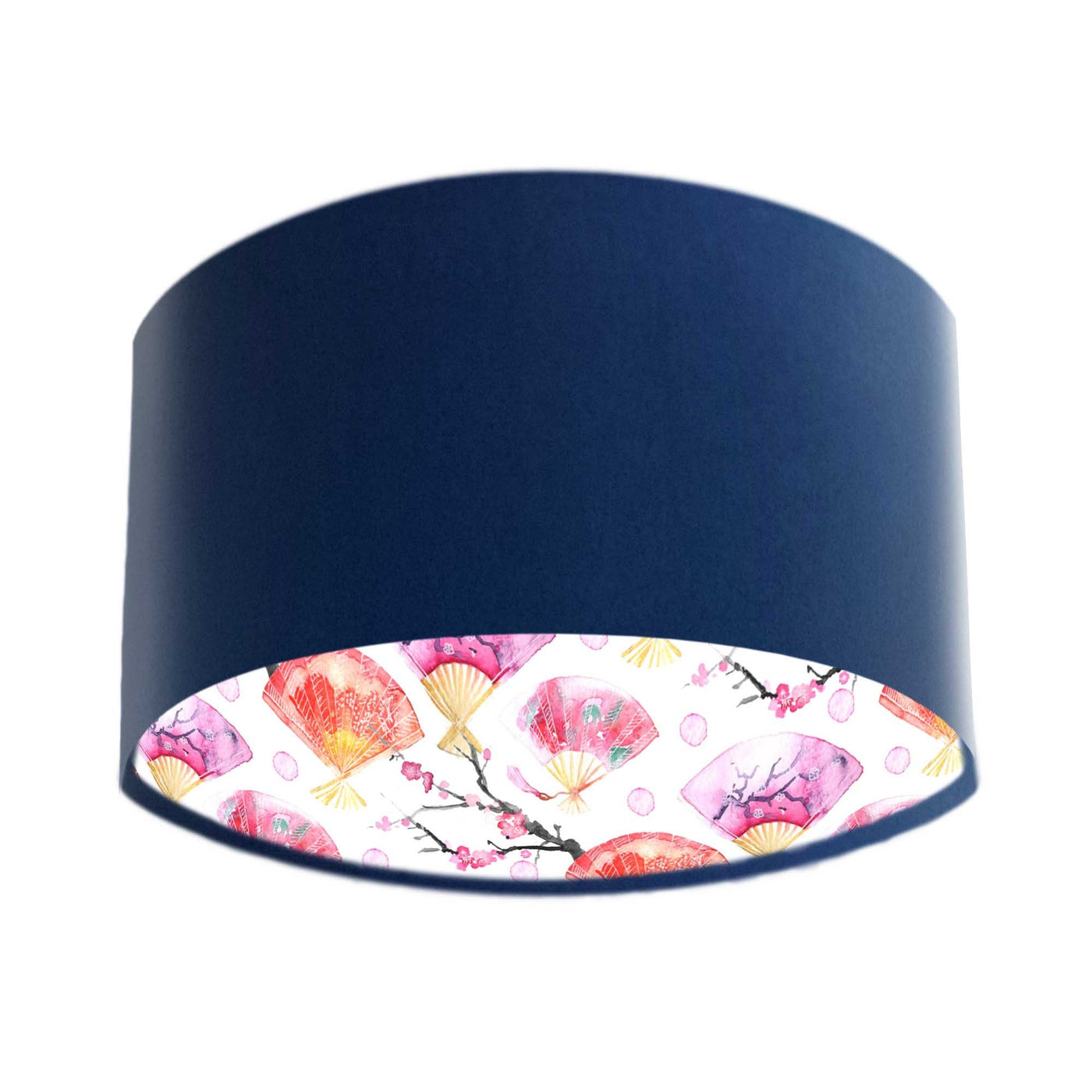 Japanese Fan and Cherry Blossoms Lampshade in Navy Blue Velvet